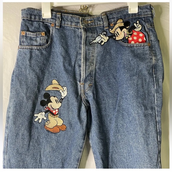 VTG 1992 Too Cute 5 Button Close Denim Jeans L 32X32 Blue Mickey Minnie Mouse - Picture 2 of 9
